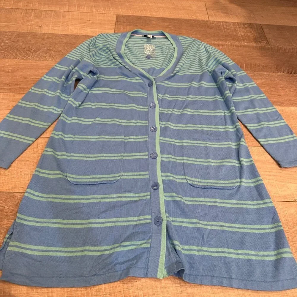 ISAAC MIZRAH LIVE GREEN AND BLUE LONG CARDIGAN SWEATER NEW WOMENS LARGE